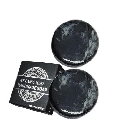 Volcanic Mud Handmade Soap Soap Face Scrub Natural Volcanic Clay Coffee Soap Black Soap Bar with Bubble Net for Men Women (2Pcs x 60g)