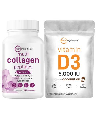 Micro Ingredients Multi Collagen Pills & Vitamin D3 5 000 IU Bundle Pack | Grass-Fed Collagen Peptides | Vitamin D as Cholecalciferol