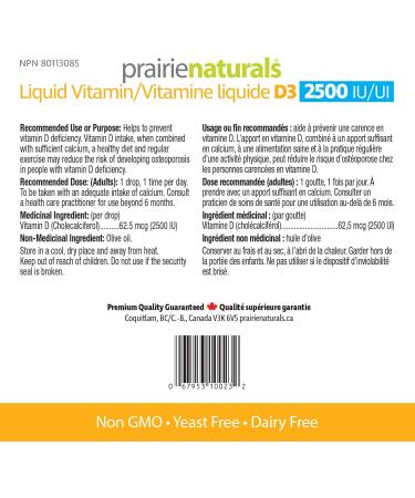 Prairie Naturals Liquid Vitamin D3 Cholecalciferol 2 500 IU - 15ml x 12 packs - Buy Online on GoSupps.com