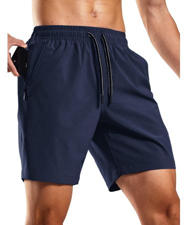 MIER Men's Workout Running Shorts 7 Inch Lightweight Athletic with Zipper Pockets No Liner Quick-Dry Gym Active Shorts Navy Small