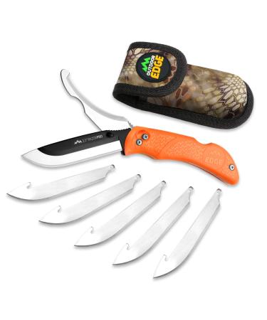 Outdoor Edge RazorPro - Double Blade Folding Hunting Knife with Replaceable Razor Blade, Gutting Blade and Camo Nylon Sheath (Orange, 6 Blades) Orange (6 Blades)
