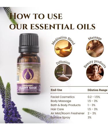 Ecodrop Clary Sage Essential Oil - 10ml Bottle | Pure & Natural Therapeutic Grade Salvia Sclarea Oil - Organic Aromatherapy for Stress Relief, Digestion & Mood | Massage & Bath Oil - Buy Online on GoSupps.com