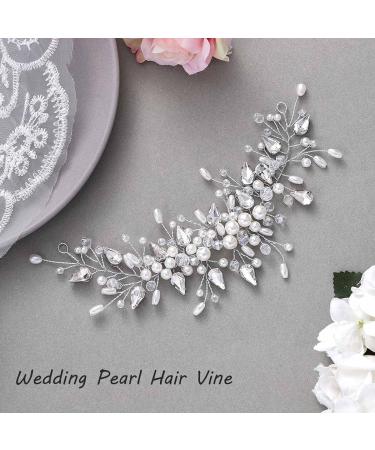 Latious Crystal Bride Wedding Hair Vine - Silver Bridal Hair Piece with Pearls & Leaf Accessories (7.5 Inches) - Buy Online on GoSupps.com