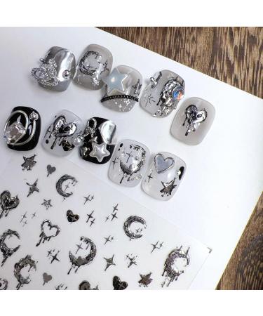 Silver Melted Heart Moon Stars 5D Acrylic Nail Art Stickers - Retro Design for Women | International Shipping Available - Buy Online on GoSupps.com