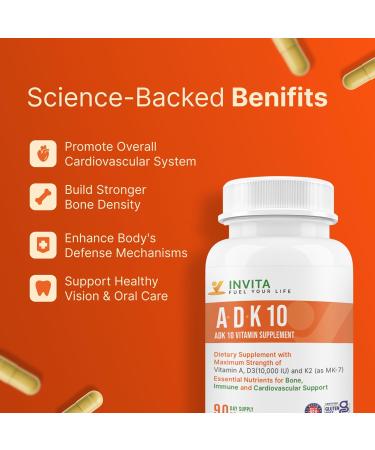 INVITA ADK 10 Vitamin Supplement 90 Capsules High Potency of Vitamin A D3 10 000 IU & K2-MK7 Physician Formulated ADK for Bone Heart & Immune Support Non-GMO Gluten Free (3-Month Supply) - Buy Online on GoSupps.com