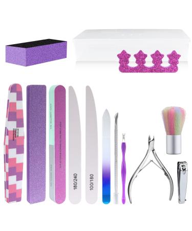 13 in 1 Nail File Set  Nail File and Buffer  Double Sided 100/180 Grit Nail Files  Mery Board  Cuticle Nippers  Cuticle Pusher  Cuticle Peeler  Cleaning Brush  Professional Manicure Tools(Purple)