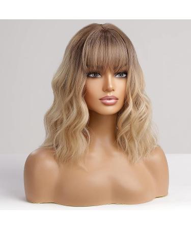 HAIRCUBE Short Blonde Curly Wigs with Dark Roots and Bangs - Wavy Bob Style for Women | Heat Resistant Synthetic - Buy Online on GoSupps.com