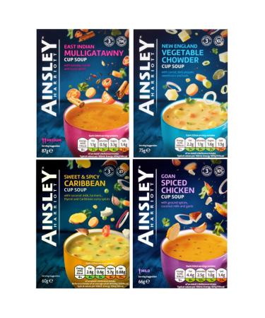 Cup Soup Bundle with Ainsley Harriott Caribbean 60g Spiced Chicken 66g East Indian Mulligatawny 87g and New England Vegetable Chowder 75g (4 Pack)