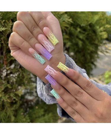 Justotry 24 pieces colored flames coffin nails for sticky Rainbow French Artificial nails Ballerina art nails press on nails with glue coffin fingernails fake nails medium for women ColoUful & flame1