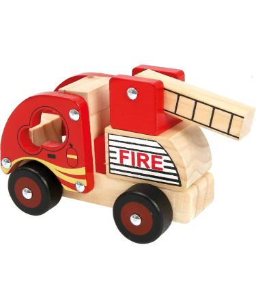 Bino Holzauto Feuerwehr - Wooden Fire Truck Toy for Kids 12 Months+ | Fold-Out Ladder PVC Tires Promotes Hand/Eye Coordination - 17x12x9 cm Red - Buy Online on GoSupps.com