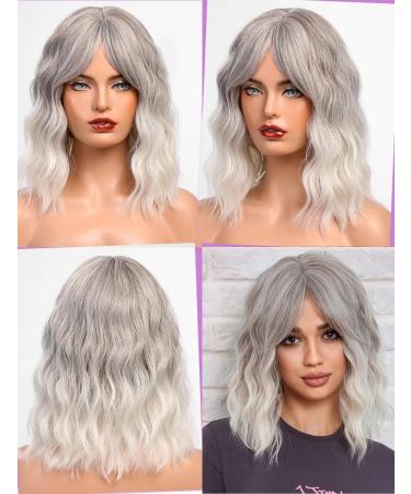 Wokestar Bob Curly Wig with Fringe 12 inch Grey - Short Synthetic Wavy Wig for Women - Buy Online on GoSupps.com