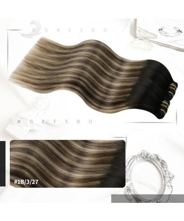 Moresoo Real Human Hair Clip in Extensions Balayage Natural Black to Dark Brown with Caramel Blonde | 14 Inch 5pcs/70g #1B/3/27 - Buy Online on GoSupps.com