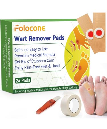 Folocone Wart Remover Pad Wart Removal Plasters 24Pcs Wart Remover for Hands Feet Corn Remover Pads Remover Plantar Warts Verruca Treatment Contains Medical Tape (Upgrade)