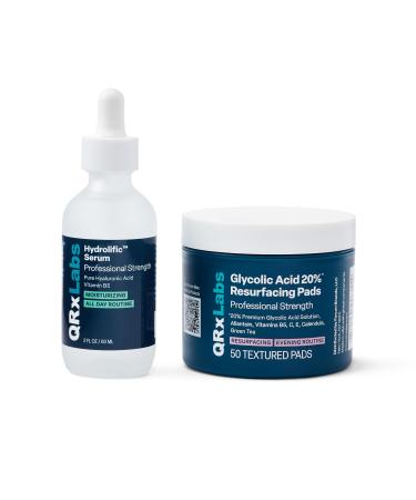 QRxLabs Resurfacing and Hydrating Duo: Glycolic Acid 20% Resurfacing Pads + Hyaluronic Acid 2oz Serum - Smoother Hydrated and Radiant Skin - Daily Use - 50ct Pads Pads and Hydrolific Serum
