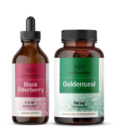 HERBAMAMA Black Elderberry and Goldenseal Kit - Bundle of Elderberry Extract Tincture & 700mg Goldenseal Root Capsules - Vegan Non-GMO Sugar & Gelatin-Free - 2 Pack