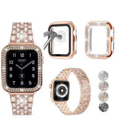 3-Pack Compatible With Apple Watch Band + Case 38mm 40mm 41mm 42mm 44mm 45mm, Women Bling Diamond Metal Strap with Diamond Case and Glass Screen Protector Case For iWatch Series 8 7 6 5 4 3 2 1 SE (Rose Gold, 40mm) Rose Gold 40mm