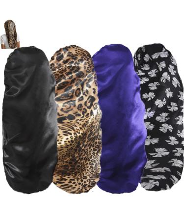 Babyku Satin Sleep Cap for Long Hair, 4 Pcs Extra Long Bonnet for Braids Hair Loose Cap Bonnets for Women Dreadlocks, Curly Hair, Soft Elastic Band