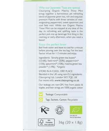 Clearspring Organic Japanese Matcha Three Mint - 20 Tea Sachets - Buy Online on GoSupps.com