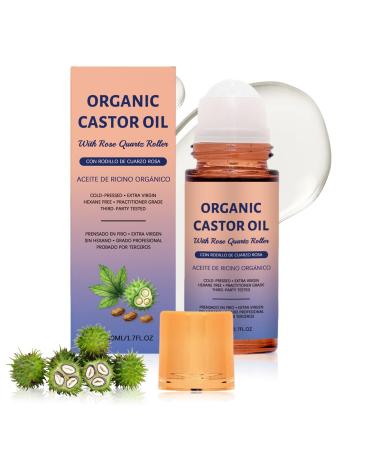 Organic Castor Oil with Rose Quartz Roller Castor Oil Roll-On with Rose Quartz for Skin Brows & Lashes 1.7 fl oz 100% Pure Cold-Pressed Hexane-Free (1 pcs)