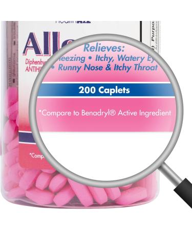 HealthA2Z Allergy Relief | 200 Caplets, Diphenhydramine HCL 25mg Antihistamine | Relieves Itchy Throat, Sneezing & Runny Noses from Indoor & Outdoor Allergies - Buy Online on GoSupps.com