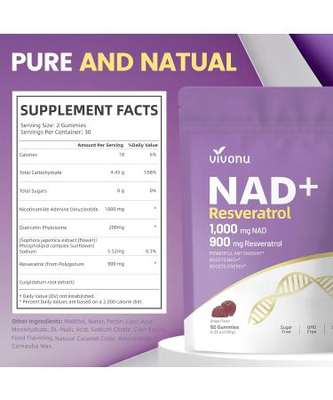 NAD Supplement NAD+ Resveratrol Gummies 60 Count Ultra Pure Organic - Enhanced Absorption - with 1000mg NAD and 900mg Resveratrol | Antioxidant Support & Cellular Energy (120 Gummies /2 Bags) - Buy Online on GoSupps.com