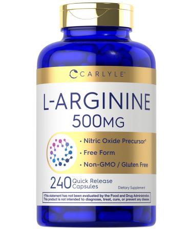 Carlyle L-Arginine 500 mg Capsules | 240 Count | Nitric Oxid Precursor | Free Form Amino Acid | Non-GMO & Gluten Free Supplement