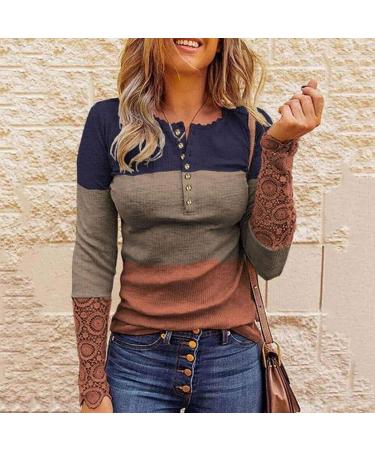 Women's Ribbed Knit Henley Long Sleeve Tunic Lace Top - Orange | Slim Fit Blouse - Buy Online on GoSupps.com