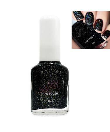 Black Glitter Nail Polish Shimmering Varnish Laser Rainbow Star Planet Sparkly Spiral Silver Shimmer Quick Dry Nail Varnishes Shining Sparkling Long Lasting No Need Cure DIY Nail Art Manicure