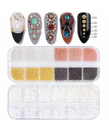 GZMAYUEN 2 Boxes Nail Art Beads Nail Pearls Nail Accessories Set Gold Silver Rose Gold Black Micro Caviar Beads for Nails White Semicircle Pearls for Nails Mixed Size Set 2