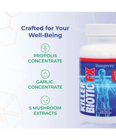 Youngevity Killer Biotic FX - Immune System Support | Sourced from Bee Propolis Mushrooms & Colostrum | Natural Immunity Support | 60 Capsules Pack of 1 - Buy Online on GoSupps.com
