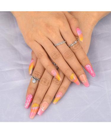 Sethexy Long Sparkle Ballerina False Nails - Colorful Coffin Acrylic Fingernails with Bling | 24pcs for Women & Girls - Buy Online on GoSupps.com