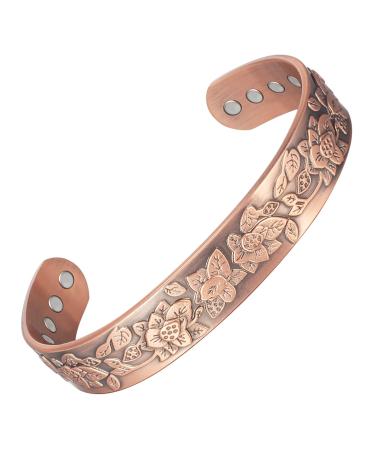 Copper Magnetic Bracelet for Women for Arthritis 99% Pure Copper Retro Style Flowers Adjustable Bracelet Copper Jewelry (2049)