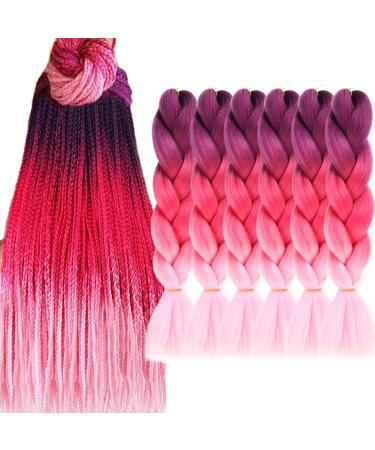 MAYSA Ombre Pink Jumbo Braiding Hair For Women and Girls 24 Inch Soft Braid Hair Extensions 6Packs Braiding Hair High Temperature Synthetic Fiber (Purple-Hot Pink-Pink) 24 Inch (Pack of 6) Purple-Hot Pink-Pink