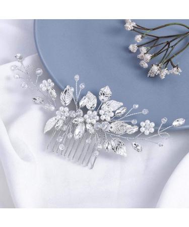 Gorais Leaf Bride Wedding Hair Comb | Pearl Bridal Hair Piece | Crystal Side Comb Accessories for Women - A-Silver - Buy Online on GoSupps.com