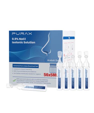 PURAX Saline Solution 0.9% Nasal Cleanse for Babies Kids and Adults Isotonic Saline Solution for Eye Care Wound Cleansing - 56 Count (5ml Each)