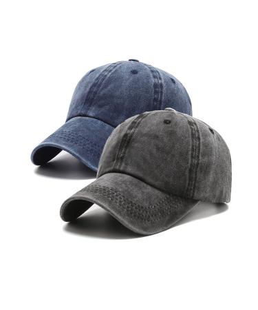 PFFY 2 Packs Vintage Washed Distressed Baseball Cap Dad Golf Hat for Men Women Black/Blue 2