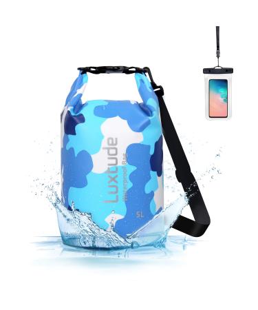 Luxtude Waterproof Dry Bag Backpack 5L Roll Top Portable Dry Sack Waterproof Bag with Phone Case Floating Waterproof Dry Bag for Kayaking Swimming Boating Surfing Hiking Beach etc. Camouflage Blue-5L