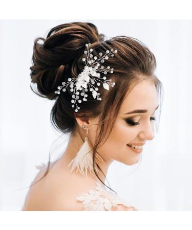 Bride Wedding Hair Comb Sparkly Rhinestone Pearl Bridal Hair Side Combs Slides Crystal Headpieces Bridal Leaf Hair Accessories for Women and Girls (Silver) - Buy Online on GoSupps.com
