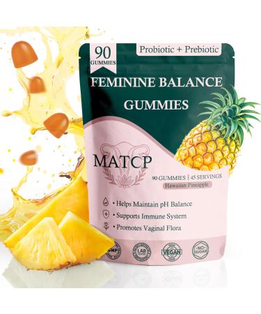 MATOP pH Balance Gummies for Women - Probiotic + Prebiotic Vaginal Balance Support with Pineapple Flavor, Vegan, Sugar-Free 90 Gummies (45 Servings) Hawaiian Pineapple 90 Count (Pack of 1)