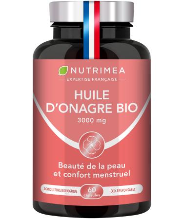 Organic Evening Primrose Oil - 1500 mg including 135 mg of GLA - Cold Pressure 100% Natural - Premenstrual Comfort and Skin Beauty - Premium Quality - 60 Capsules - Nutrimea - Made in France