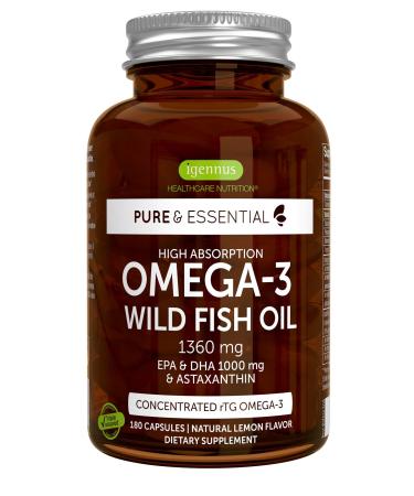 Pure & Essential High Absorption rTG Omega-3, Non-GMO Wild Fish Oil 1360mg, 2:1 Ratio EPA DHA 1000mg & Astapure Astaxanthin 1mg, Lemon Flavor, 180 Capsules