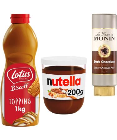 Delicious Dessert Sauces Bundle: Biscoff Biscuit Topping, La Sauce De Monin Dark Chocolate, Nutella (1kg, 500ml, 200g) with Recipe Cards - Buy Online on GoSupps.com