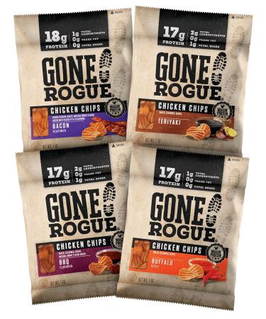 Gone Rogue High Protein Chips, Low Carb, Gluten Free, Keto Friendly Snacks - Variety Pack, 4 pack, 4 Flavors: Chicken Bacon, Buffalo Style Chicken, Teriyaki Chicken & BBQ Chicken