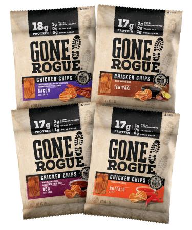 Gone Rogue High Protein Chips, Low Carb, Gluten Free, Keto Friendly Snacks - Variety Pack, 4 pack, 4 Flavors: Chicken Bacon, Buffalo Style Chicken, Teriyaki Chicken & BBQ Chicken