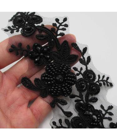Sequin Crystal Beaded Lace Flowers Appliques Pair - Black - Buy Online on GoSupps.com