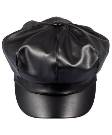 Samtree Women Newsboy Hats, Visor Beret Cabbie Hat 8 Panel Ivy Cap PU Leather Black