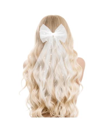 Bridal Pearl Hair Bow Veil Bridesmaid Large Hair Bow Wedding Veil with Barrette Bachelorette Party Decorations Bridal Bridesmaid Gift (White)