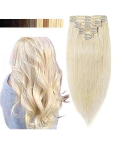 Clip In Extensions Human Hair Real Remy Human Hair Extensions Hair Extension 8pcs 18clips Straight 90g-40cm(#60 Platinum Blonde)