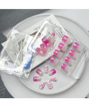 24Pcs Sparkly Breast Cancer Awareness Press-On Nails - Short Square Fake Nails with Pink Glitter & Ribbon Design for Women & Girls - Buy Online on GoSupps.com