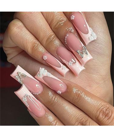 Soild Pearl Flowers Fake Nail Square Long Press on Nails White French Tips Nail Art Decoration for Women and Girls Manicure 24pc